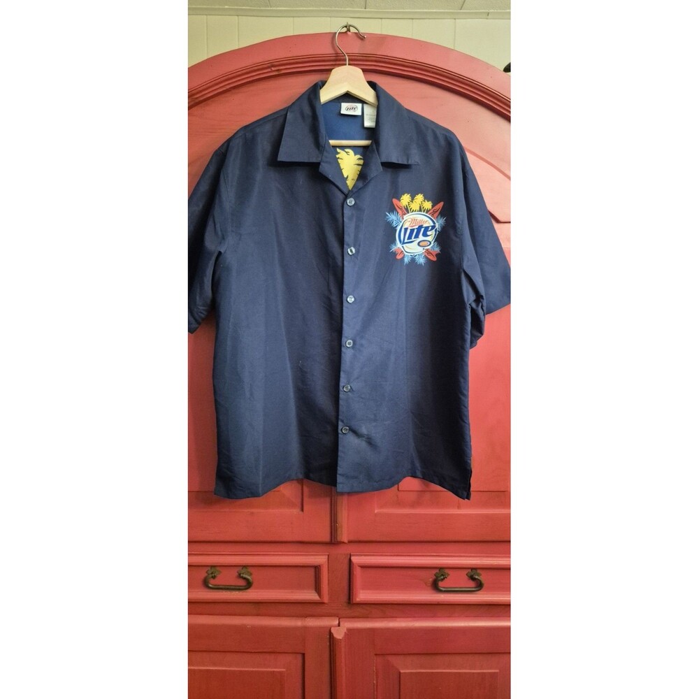 Miller Lite Mens Size L Hawaiian Surf Camp Shirt Short Sleeve Blue Button Down